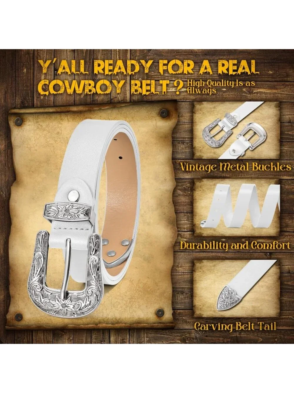 Women White With Shinning Buckle Leather Belt Vintage Western Design Waist Belt